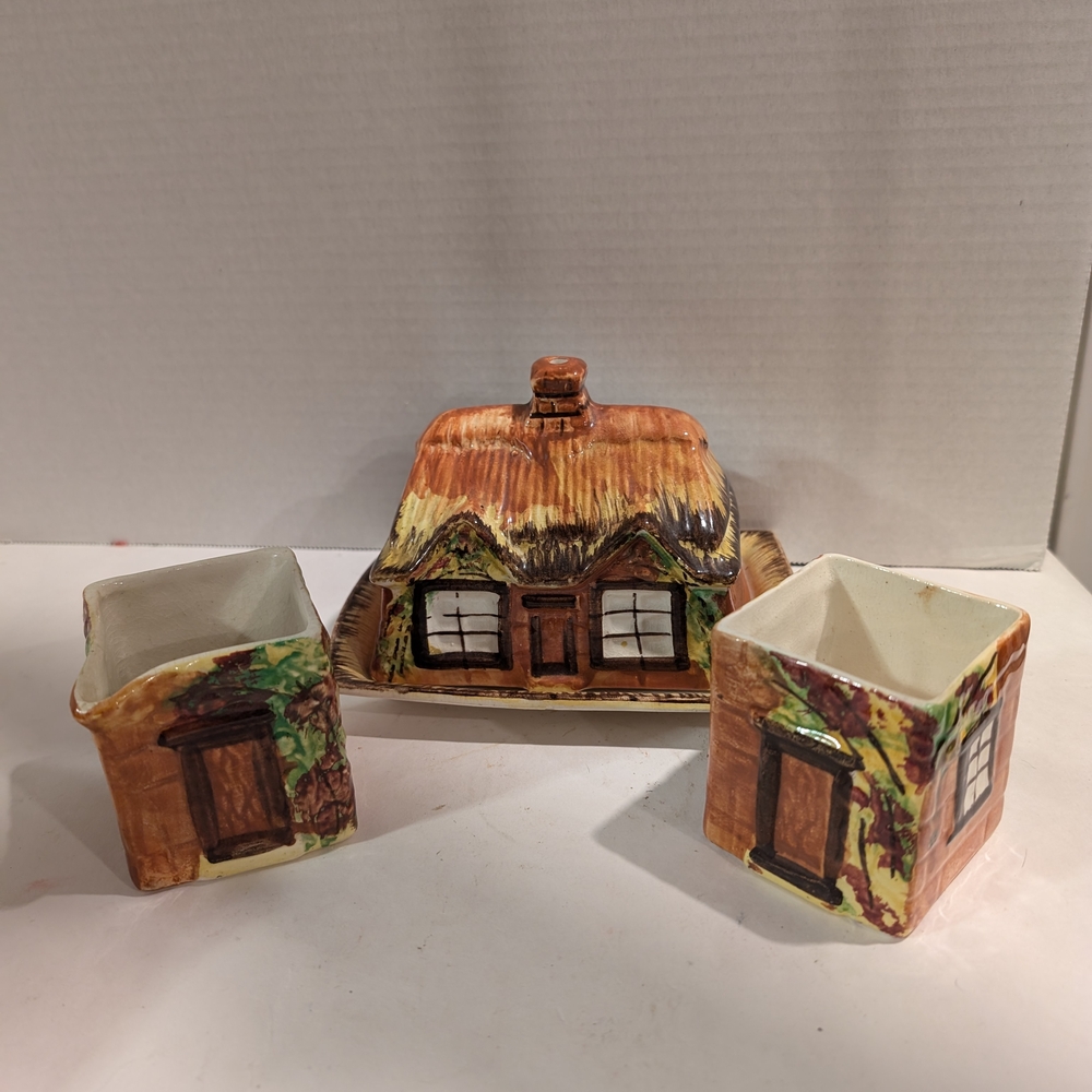 Cottage-Themed Ceramic Cheese Keeper Dish, Sugar and Creamer Set.
